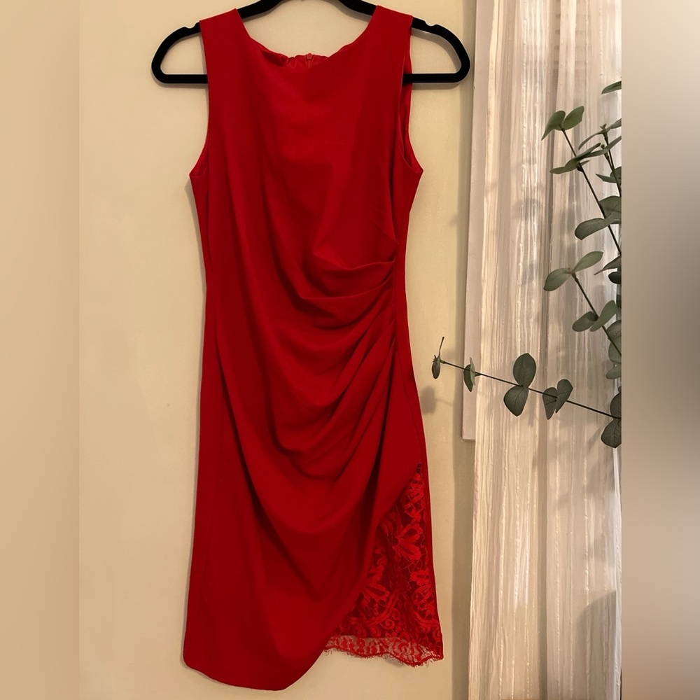 Aijek Chic Red Ruched Cocktail Sleeveless Asymmetric Lace Trim Mini Dress